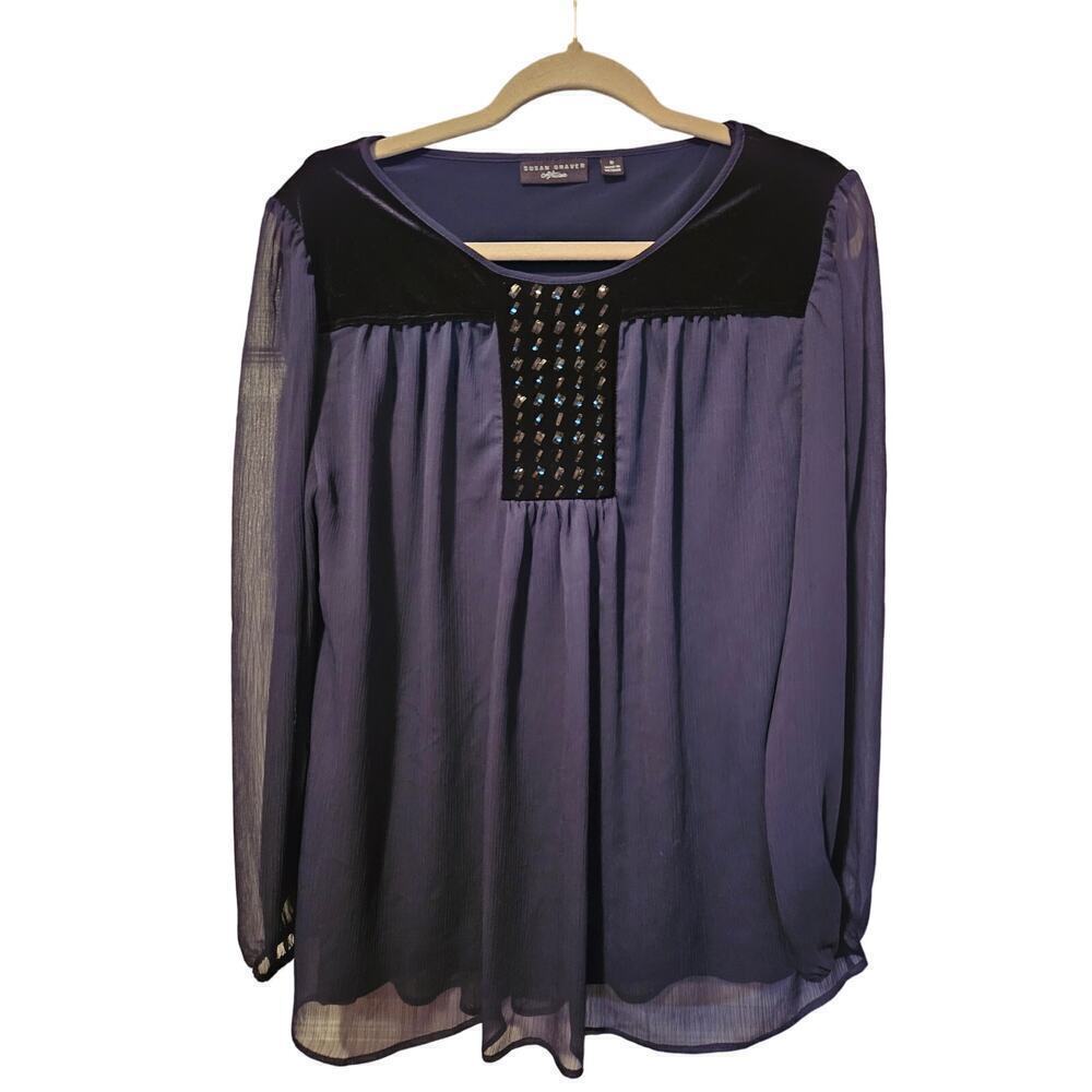 Susan Graver Artisan Beaded Velvet Detail Long Sleeve Blouse Size 8 Navy Blue‎